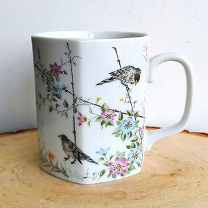Vintage Hexagonal Botanical Flowers and Birds Ceramic Mug Made in Japan